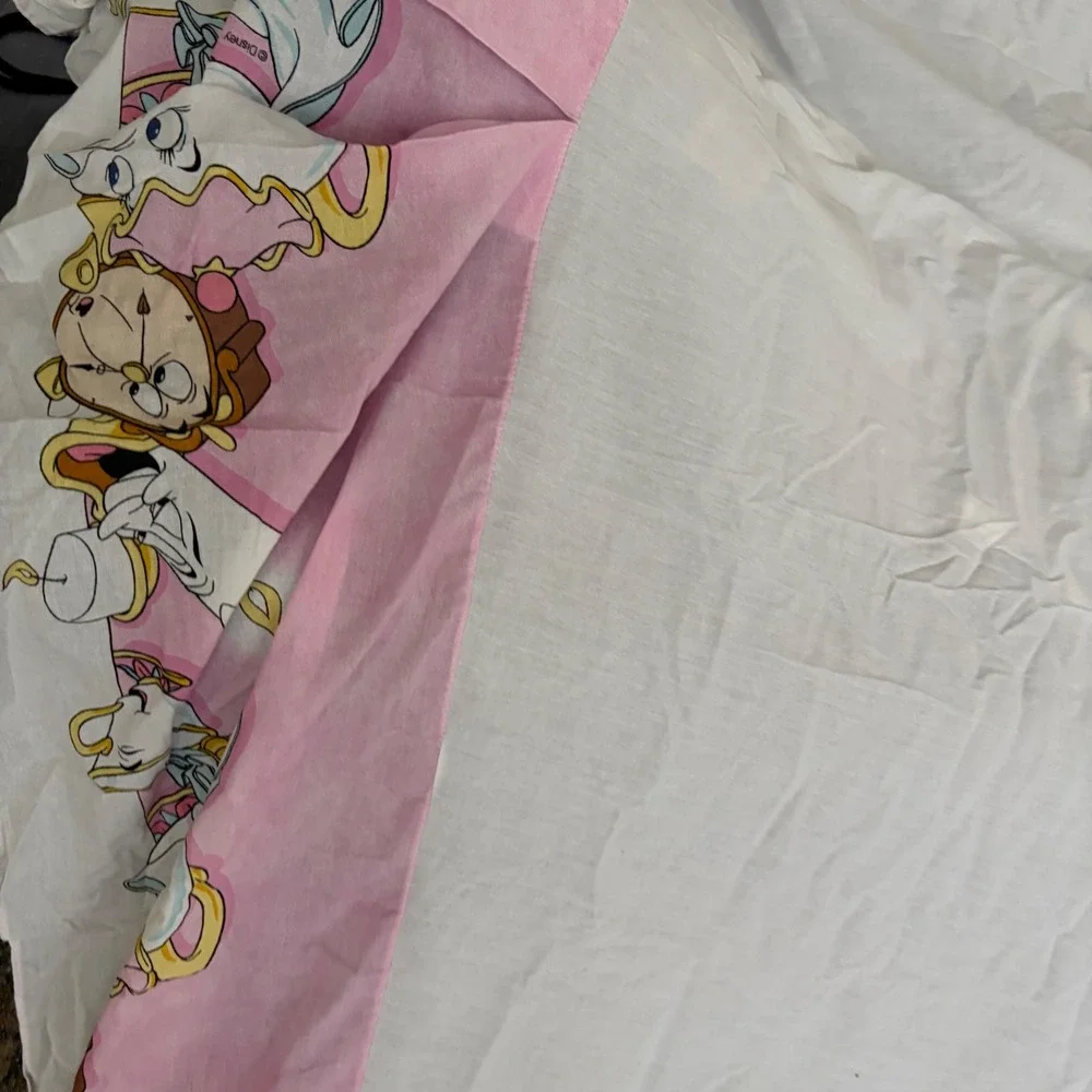 Vintage Disney Beauty and the Beast Twin Flat Sheet Mrs Potts Lumiere Pink White